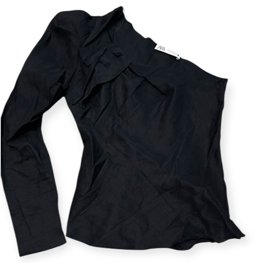 Zara One-Shoulder Black Ruffle Top | Size M